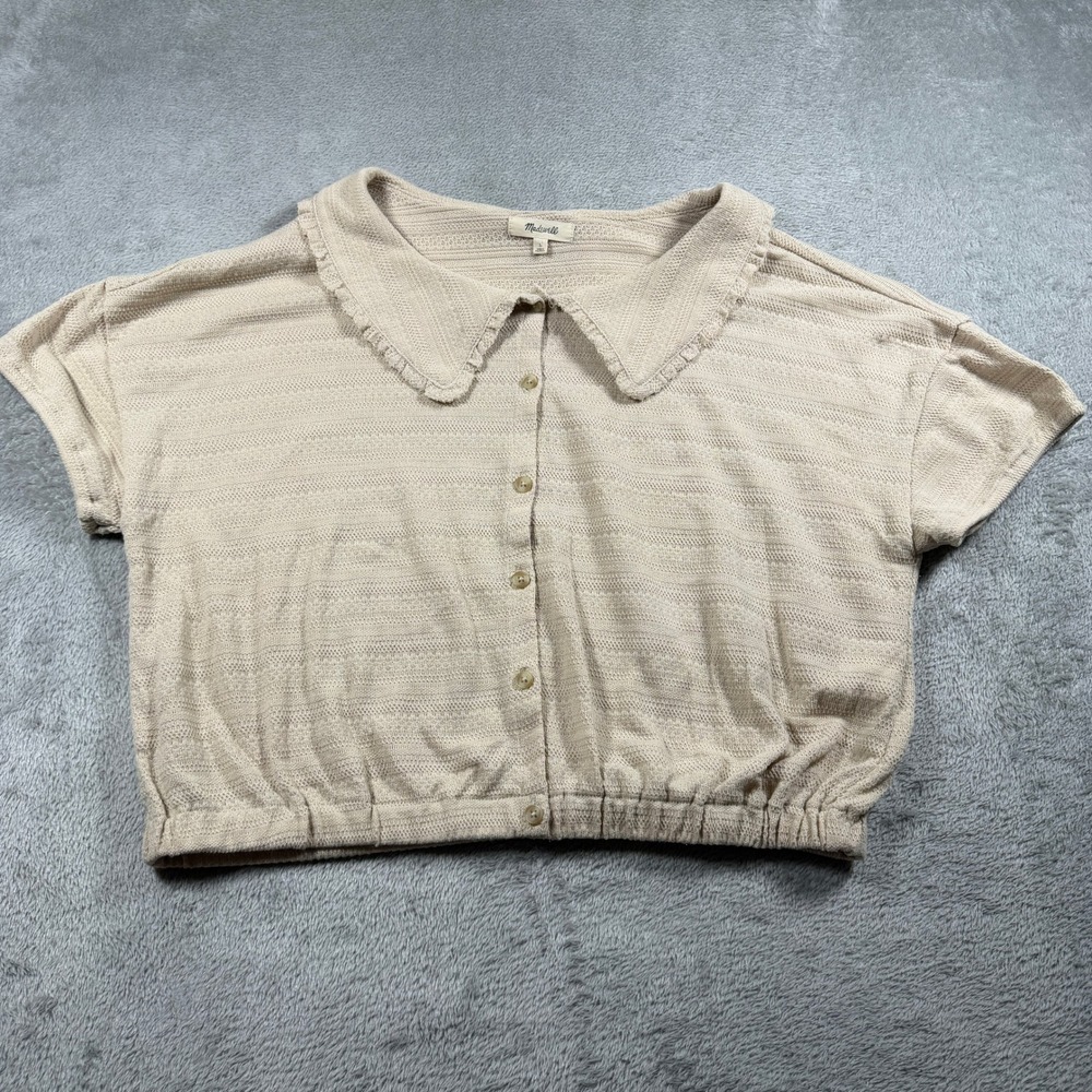 Madewell Ruffle Collar Crop Top Women Large Beige Ruffle Short Sleeve